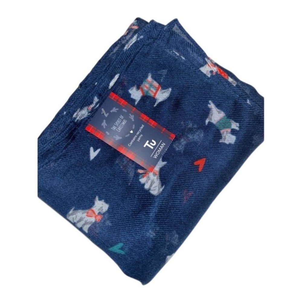 Navy Dog Print Bed Scarf TU NWT NEW recycled yarn dogs Scottie plaid bows hearts